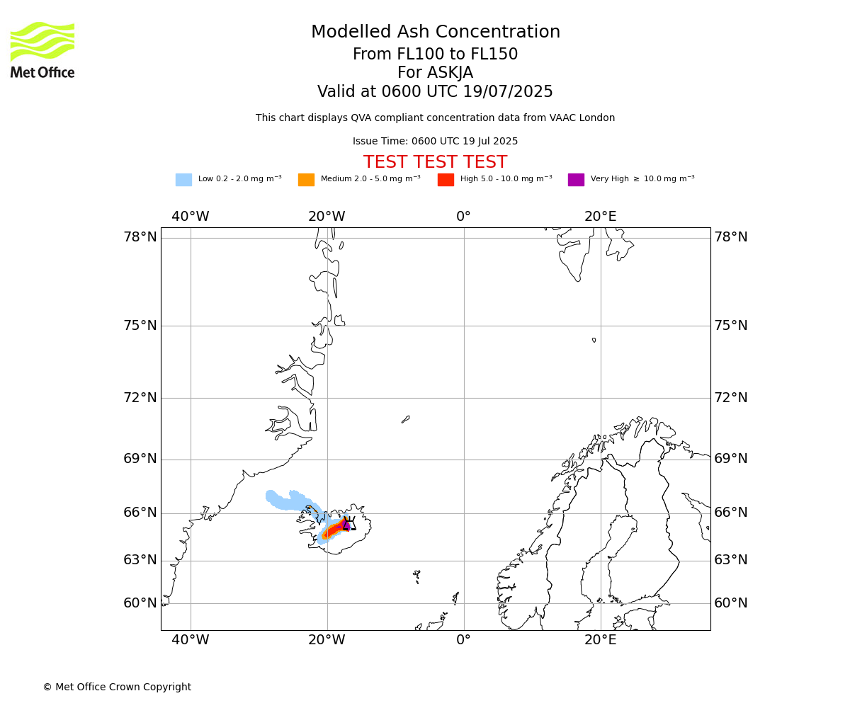 Modelled ash concentration from 100 to 150 for ASKJA. Valid at 0600 UTC 19/07/2025