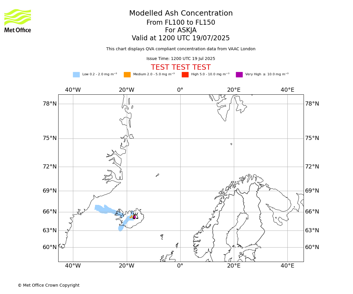 Modelled ash concentration from 100 to 150 for ASKJA. Valid at 1200 UTC 19/07/2025