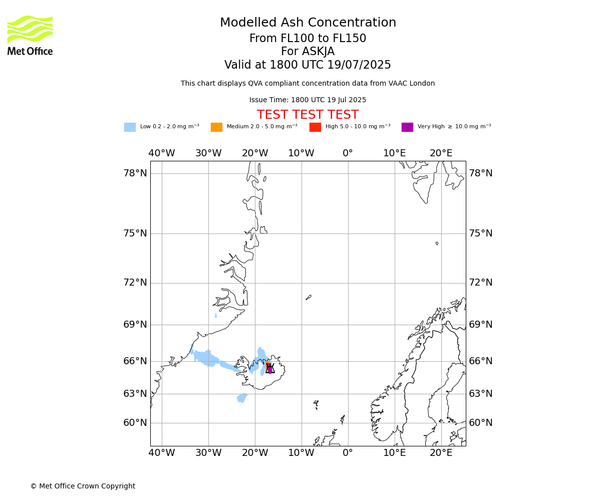 Modelled ash concentration from 100 to 150 for ASKJA. Valid at 1800 UTC 19/07/2025