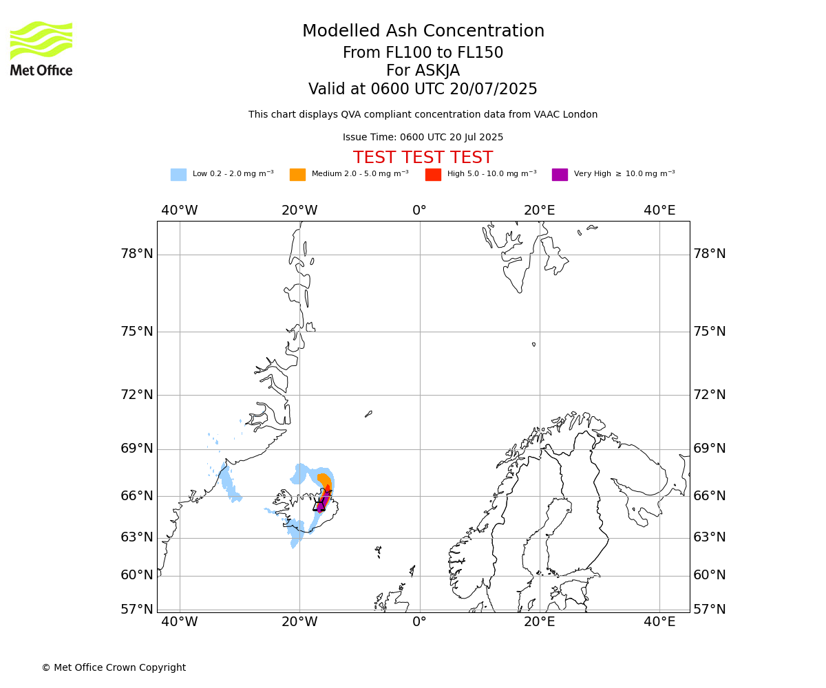 Modelled ash concentration from 100 to 150 for ASKJA. Valid at 0600 UTC 20/07/2025