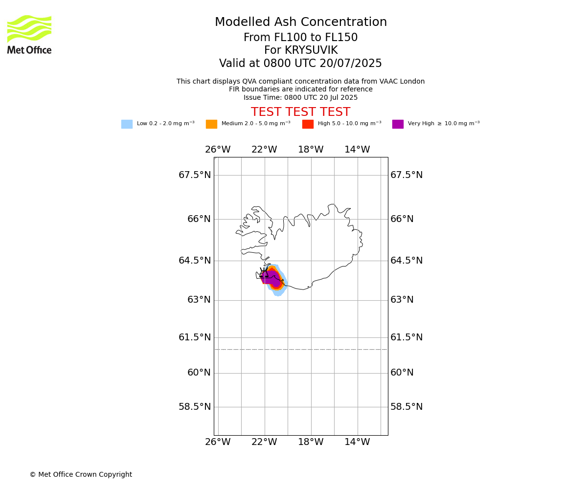 Modelled ash concentration from 100 to 150 for KRYSUVIK. Valid at 0800 UTC 20/07/2025
