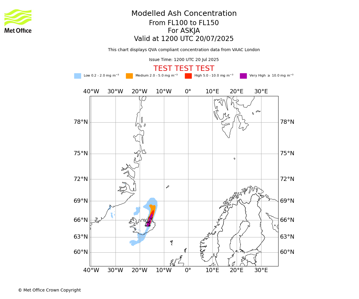 Modelled ash concentration from 100 to 150 for ASKJA. Valid at 1200 UTC 20/07/2025