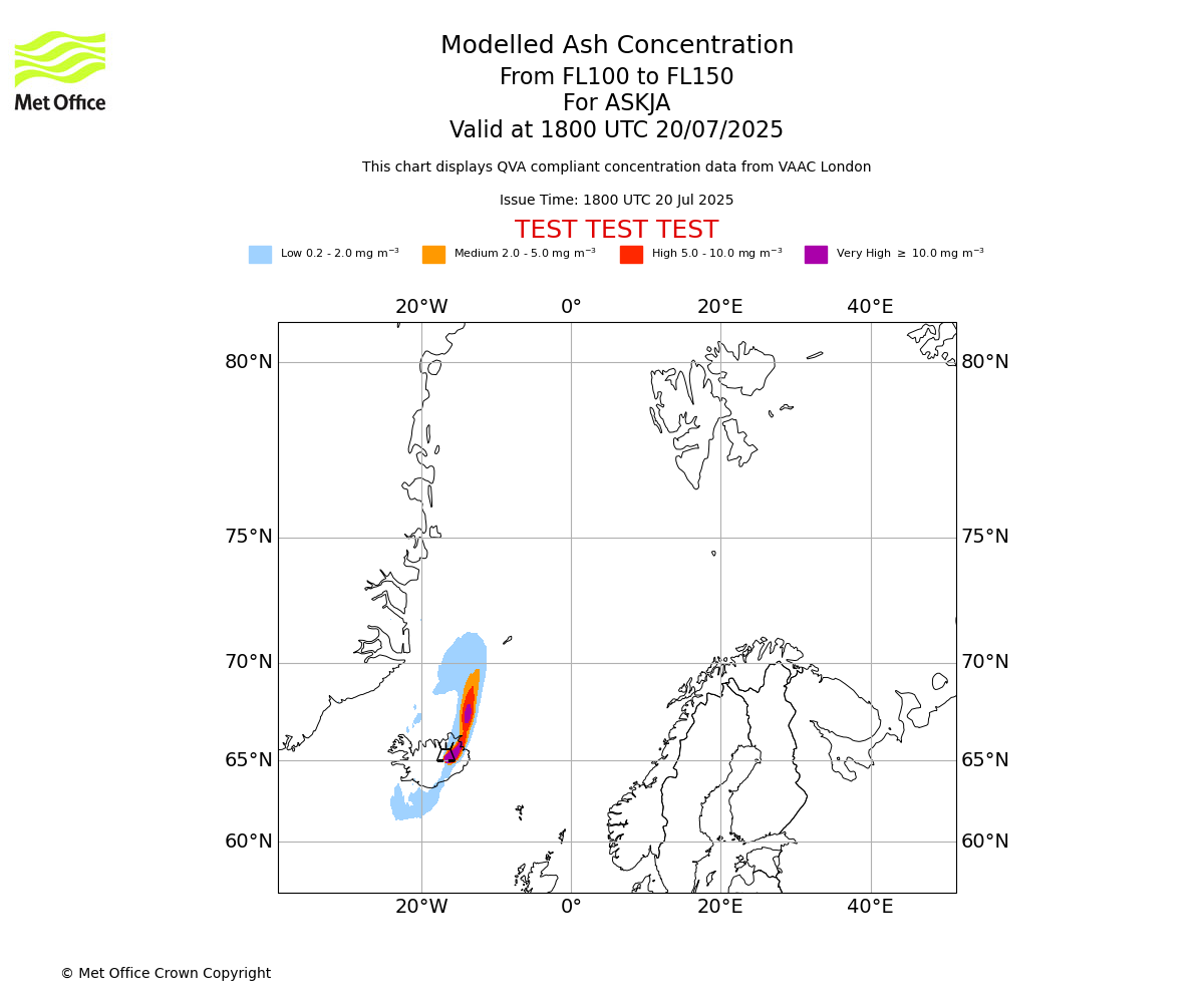 Modelled ash concentration from 100 to 150 for ASKJA. Valid at 1800 UTC 20/07/2025