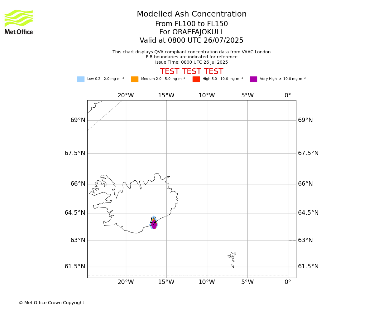 Modelled ash concentration from 100 to 150 for ORAEFAJOKULL. Valid at 0800 UTC 26/07/2025