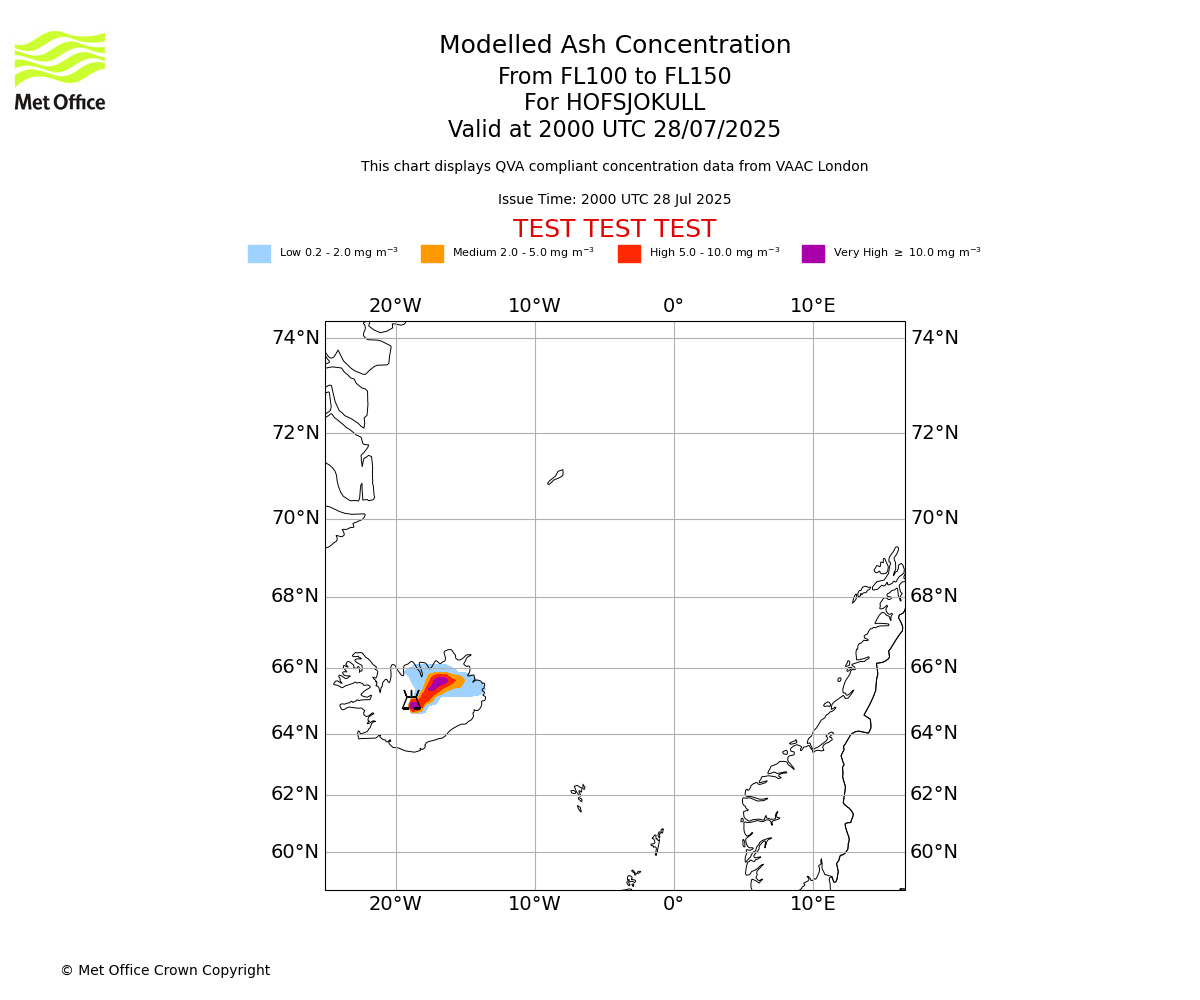 Modelled ash concentration from 100 to 150 for HOFSJOKULL. Valid at 2000 UTC 28/07/2025