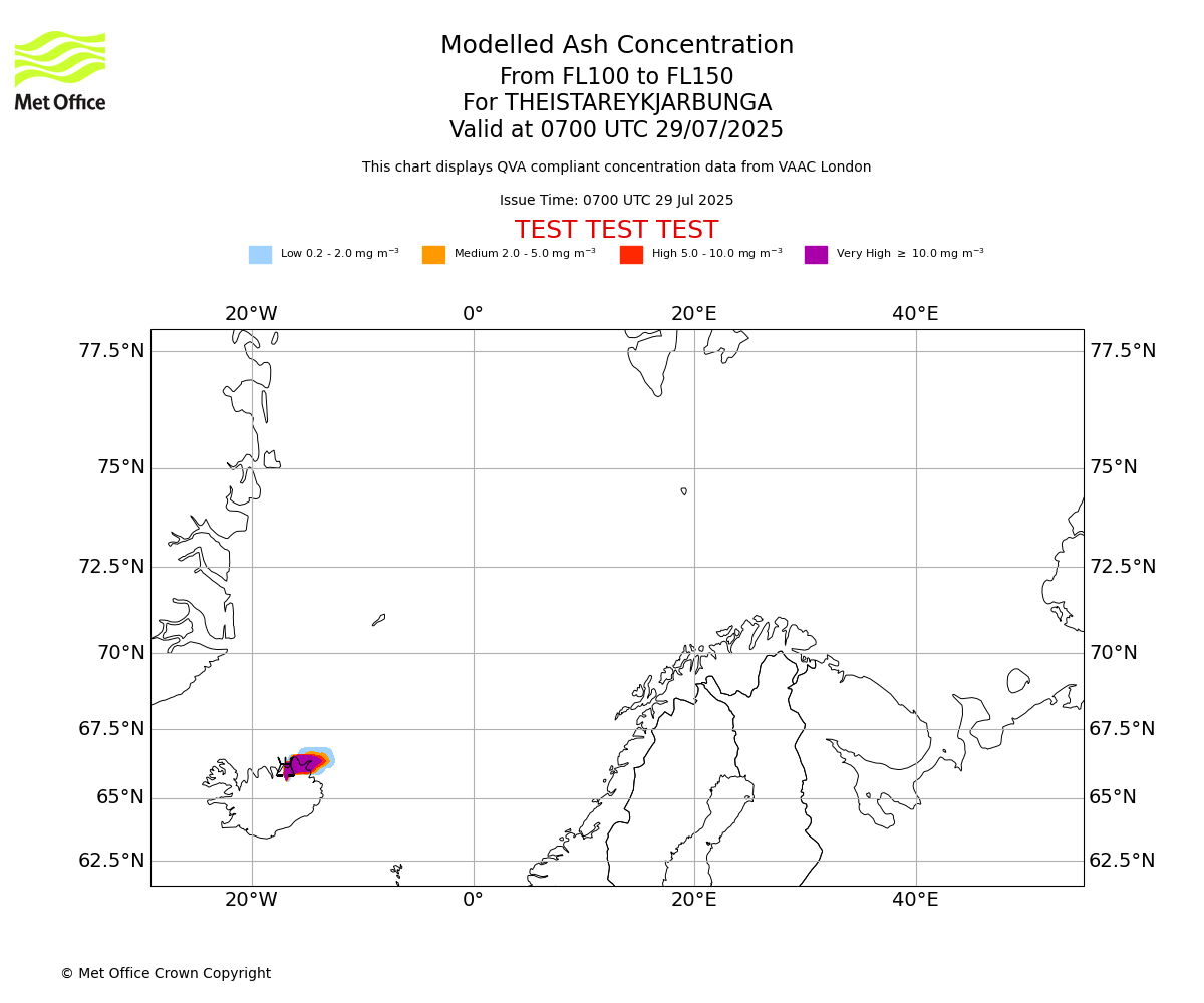 Modelled ash concentration from 100 to 150 for THEISTAREYKJARBUNGA. Valid at 0700 UTC 29/07/2025