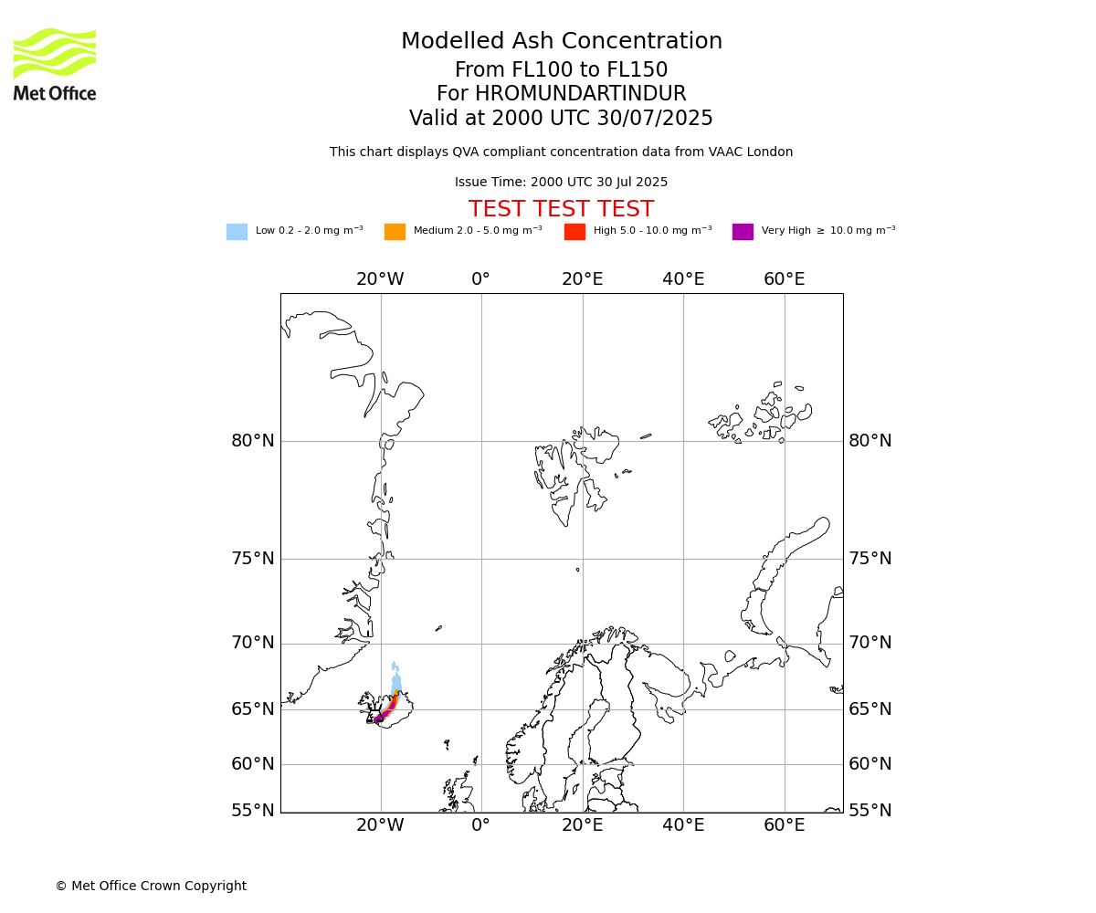 Modelled ash concentration from 100 to 150 for HROMUNDARTINDUR. Valid at 2000 UTC 30/07/2025