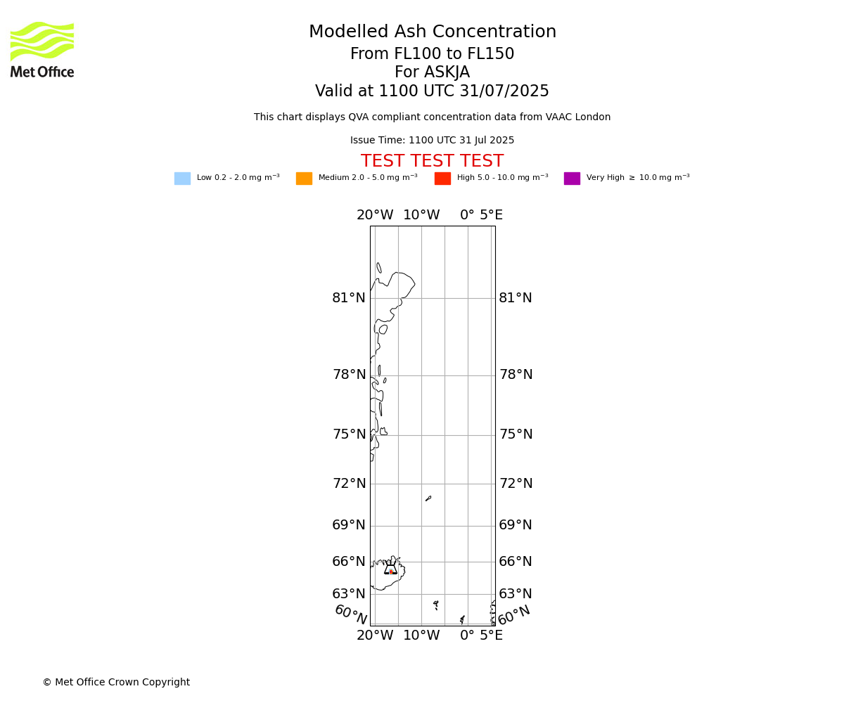 Modelled ash concentration from 100 to 150 for ASKJA. Valid at 1100 UTC 31/07/2025