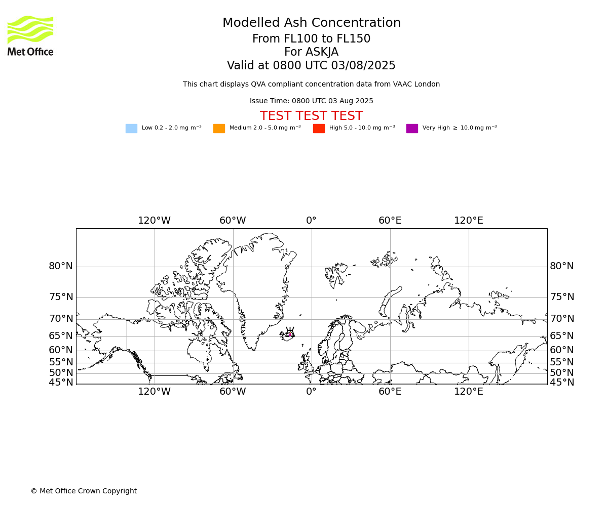 Modelled ash concentration from 100 to 150 for ASKJA. Valid at 0800 UTC 03/08/2025