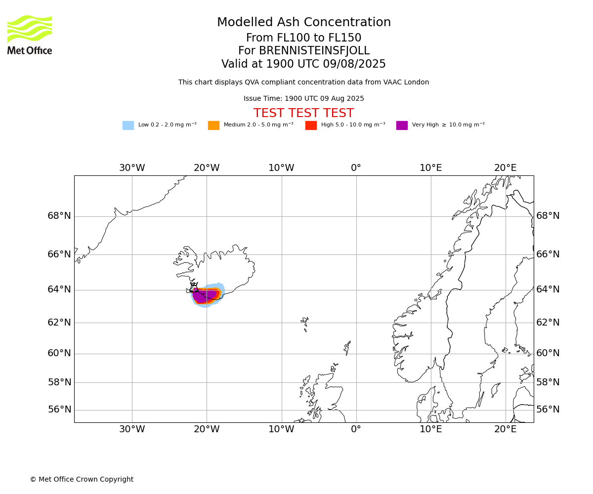 Modelled ash concentration from 100 to 150 for BRENNISTEINSFJOLL. Valid at 1900 UTC 09/08/2025