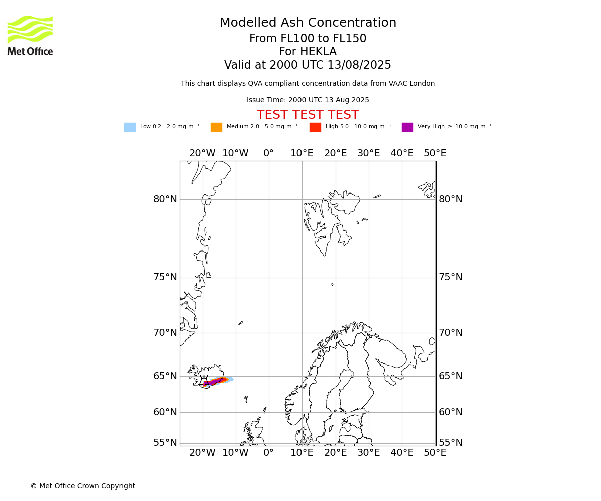 Modelled ash concentration from 100 to 150 for HEKLA. Valid at 2000 UTC 13/08/2025