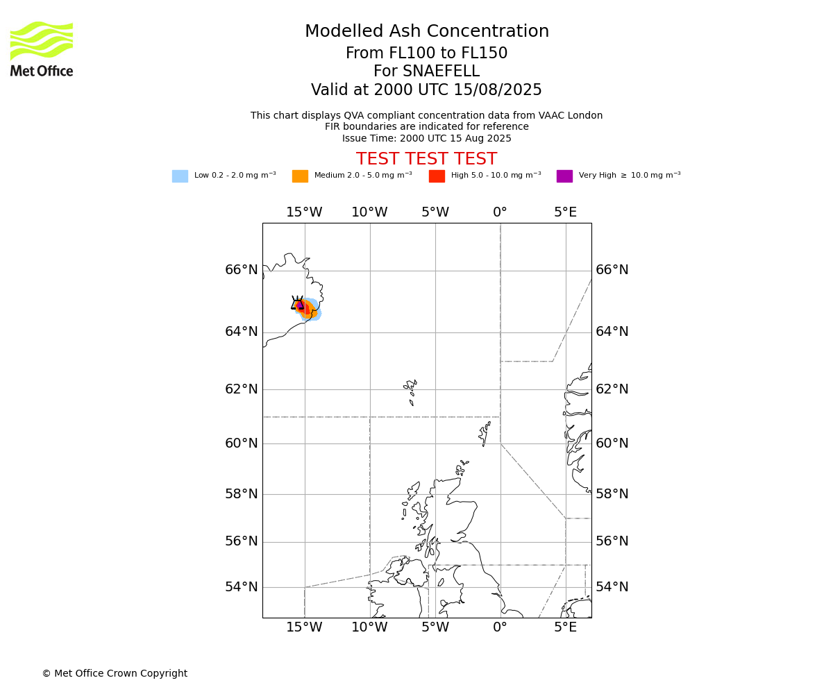 Modelled ash concentration from 100 to 150 for SNAEFELL. Valid at 2000 UTC 15/08/2025