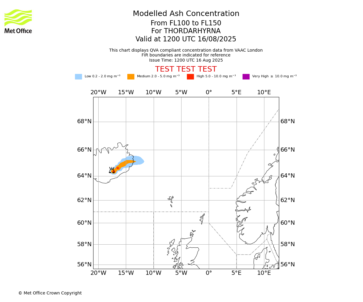 Modelled ash concentration from 100 to 150 for THORDARHYRNA. Valid at 1200 UTC 16/08/2025