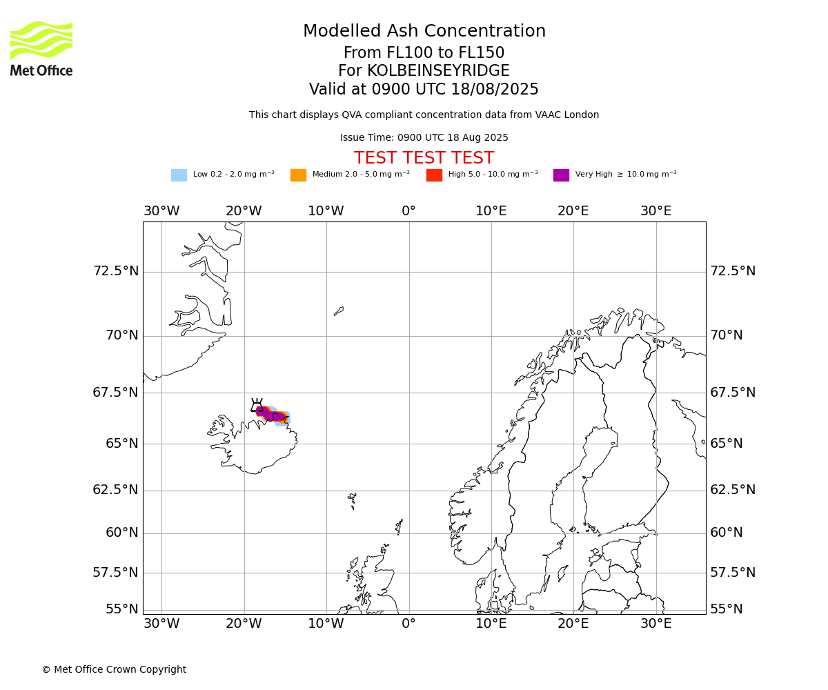 Modelled ash concentration from 100 to 150 for KOLBEINSEYRIDGE. Valid at 0900 UTC 18/08/2025