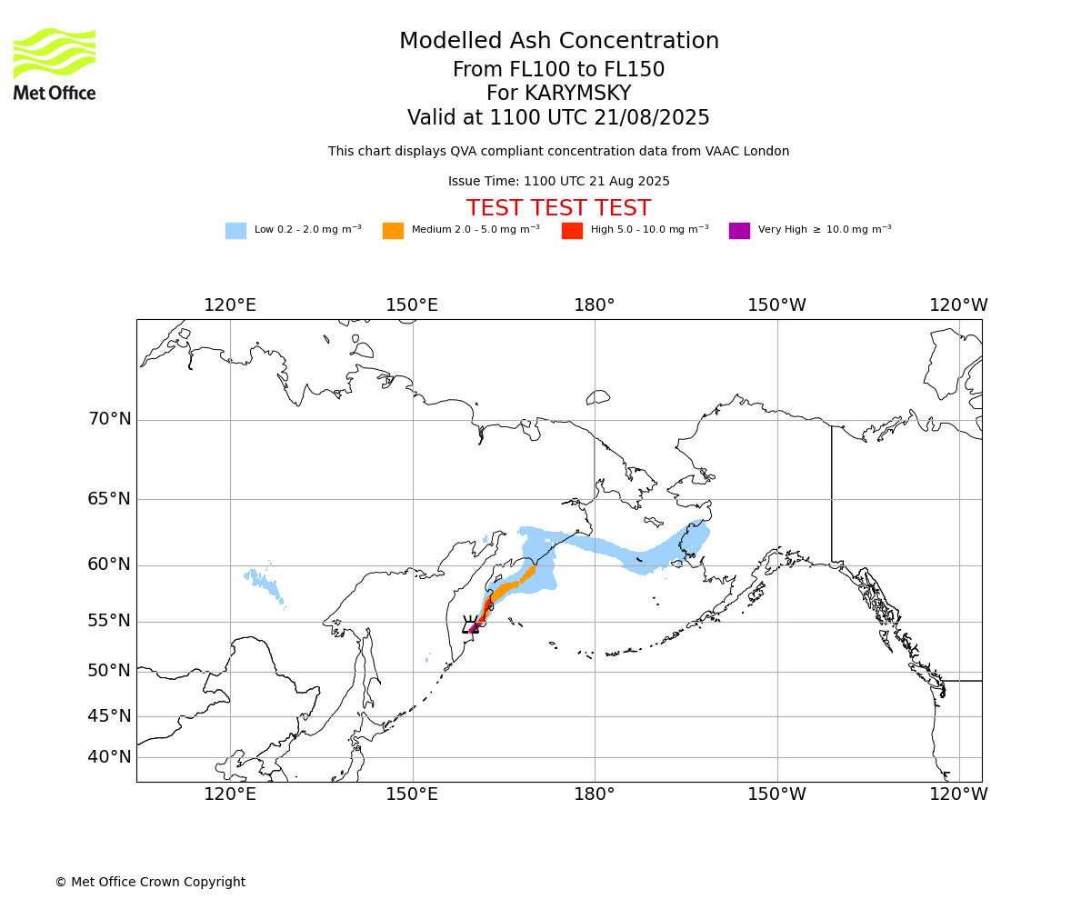 Modelled ash concentration from 100 to 150 for KARYMSKY. Valid at 1100 UTC 21/08/2025