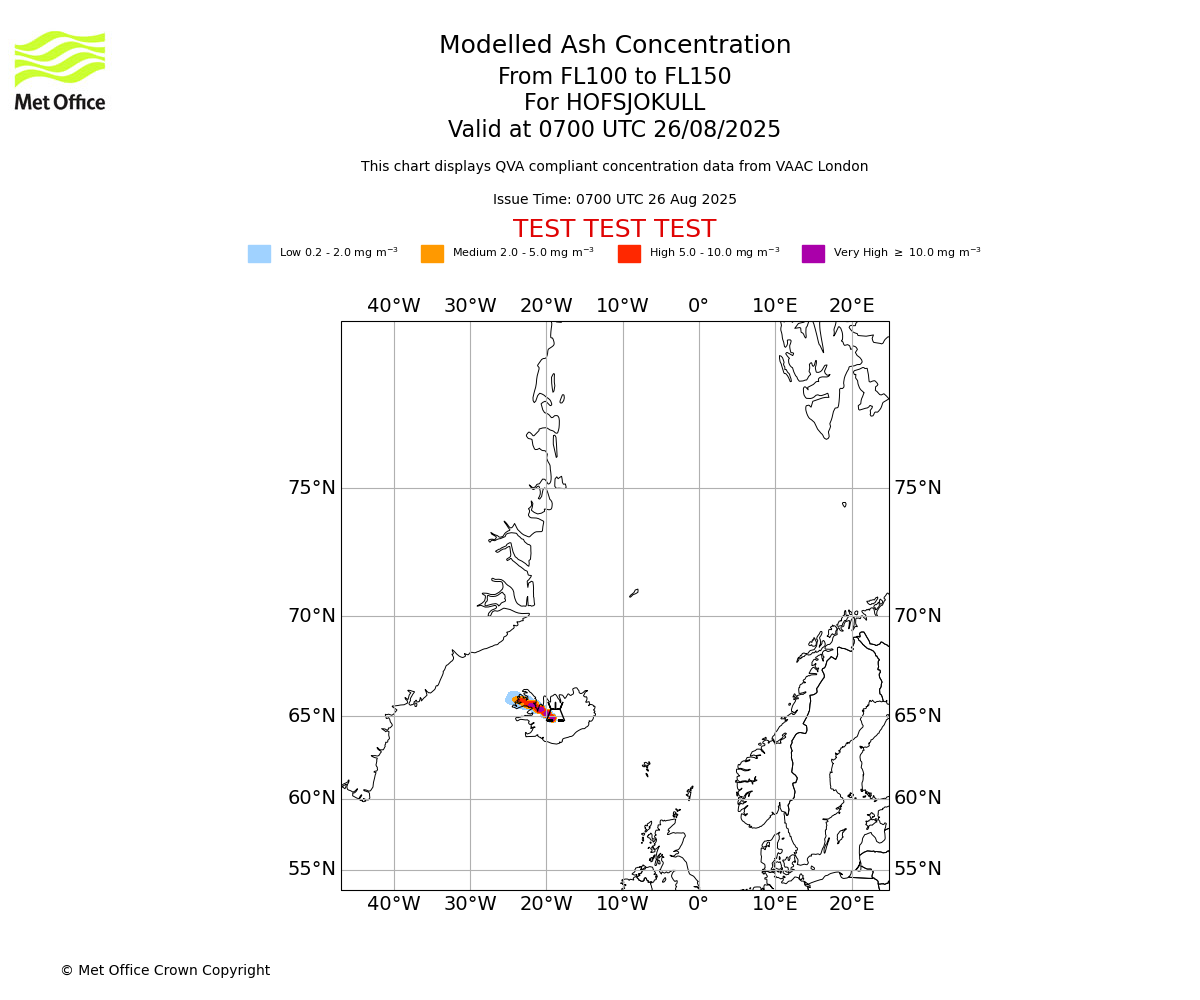 Modelled ash concentration from 100 to 150 for HOFSJOKULL. Valid at 0700 UTC 26/08/2025