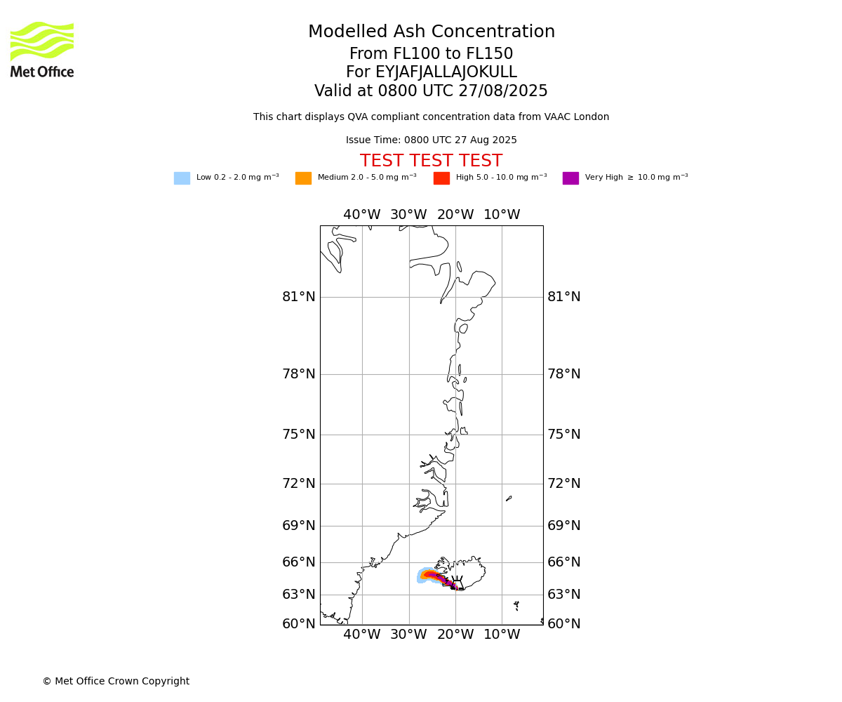 Modelled ash concentration from 100 to 150 for EYJAFJALLAJOKULL. Valid at 0800 UTC 27/08/2025