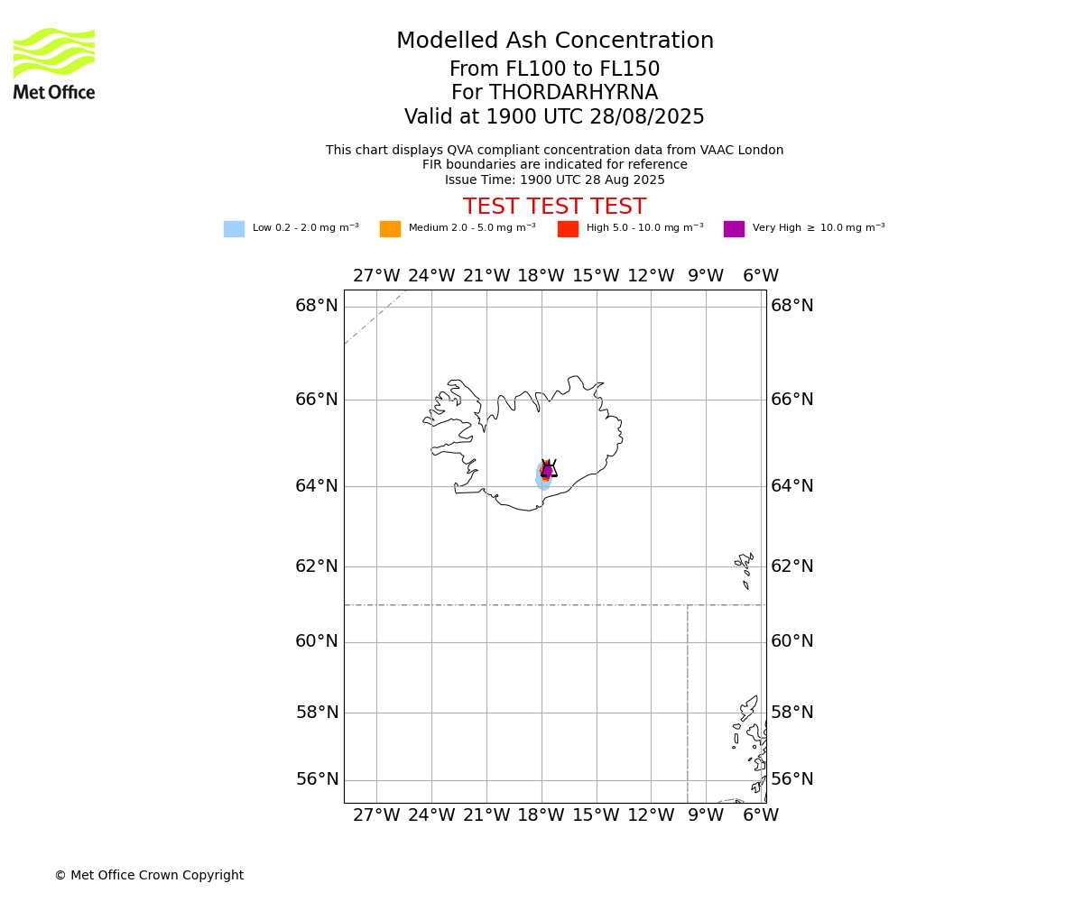 Modelled ash concentration from 100 to 150 for THORDARHYRNA. Valid at 1900 UTC 28/08/2025