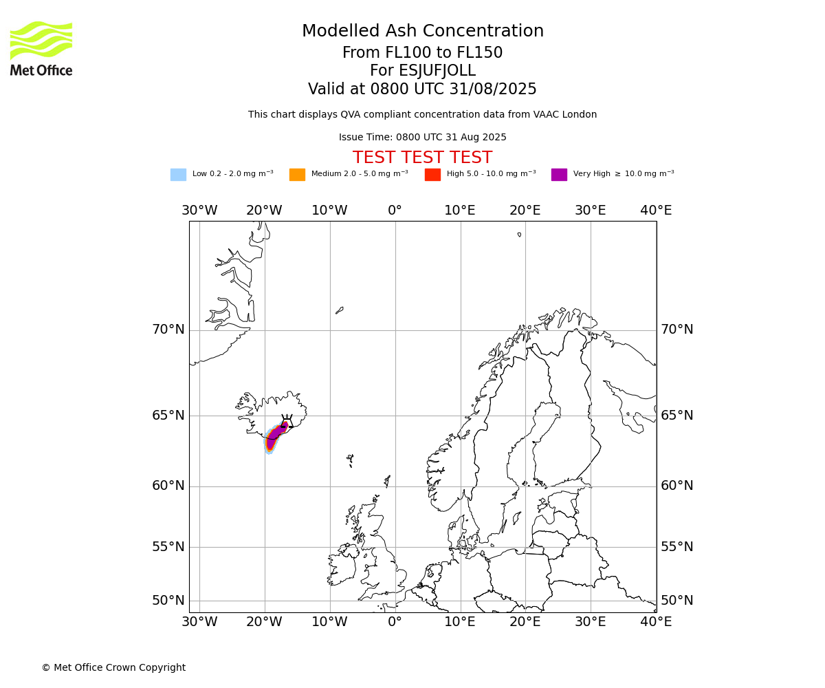 Modelled ash concentration from 100 to 150 for ESJUFJOLL. Valid at 0800 UTC 31/08/2025