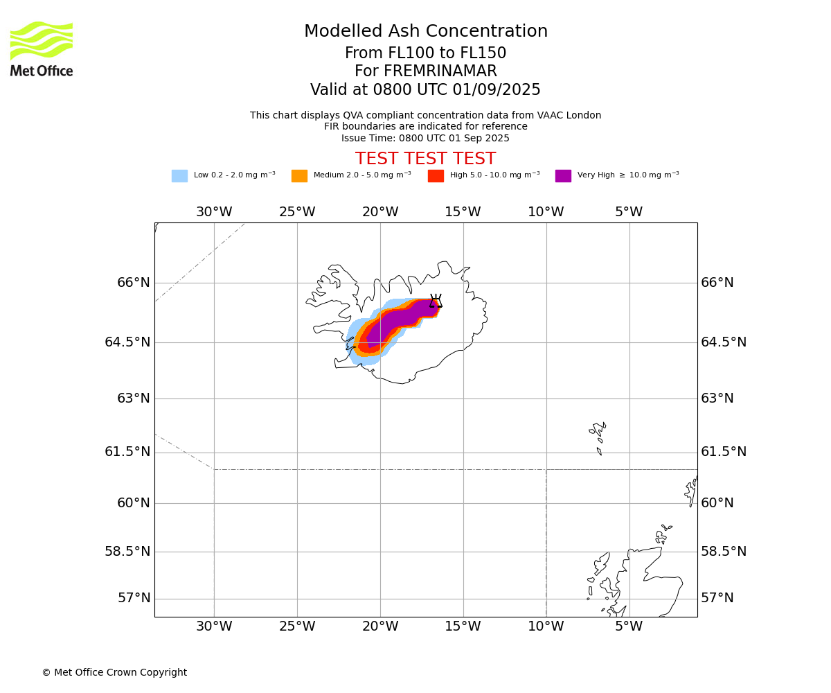 Modelled ash concentration from 100 to 150 for FREMRINAMAR. Valid at 0800 UTC 01/09/2025
