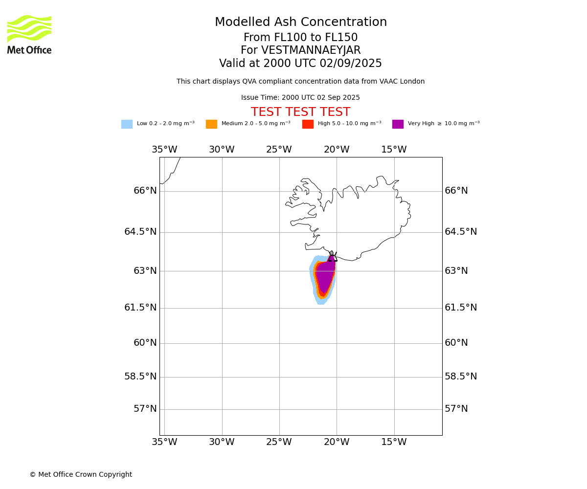 Modelled ash concentration from 100 to 150 for VESTMANNAEYJAR. Valid at 2000 UTC 02/09/2025