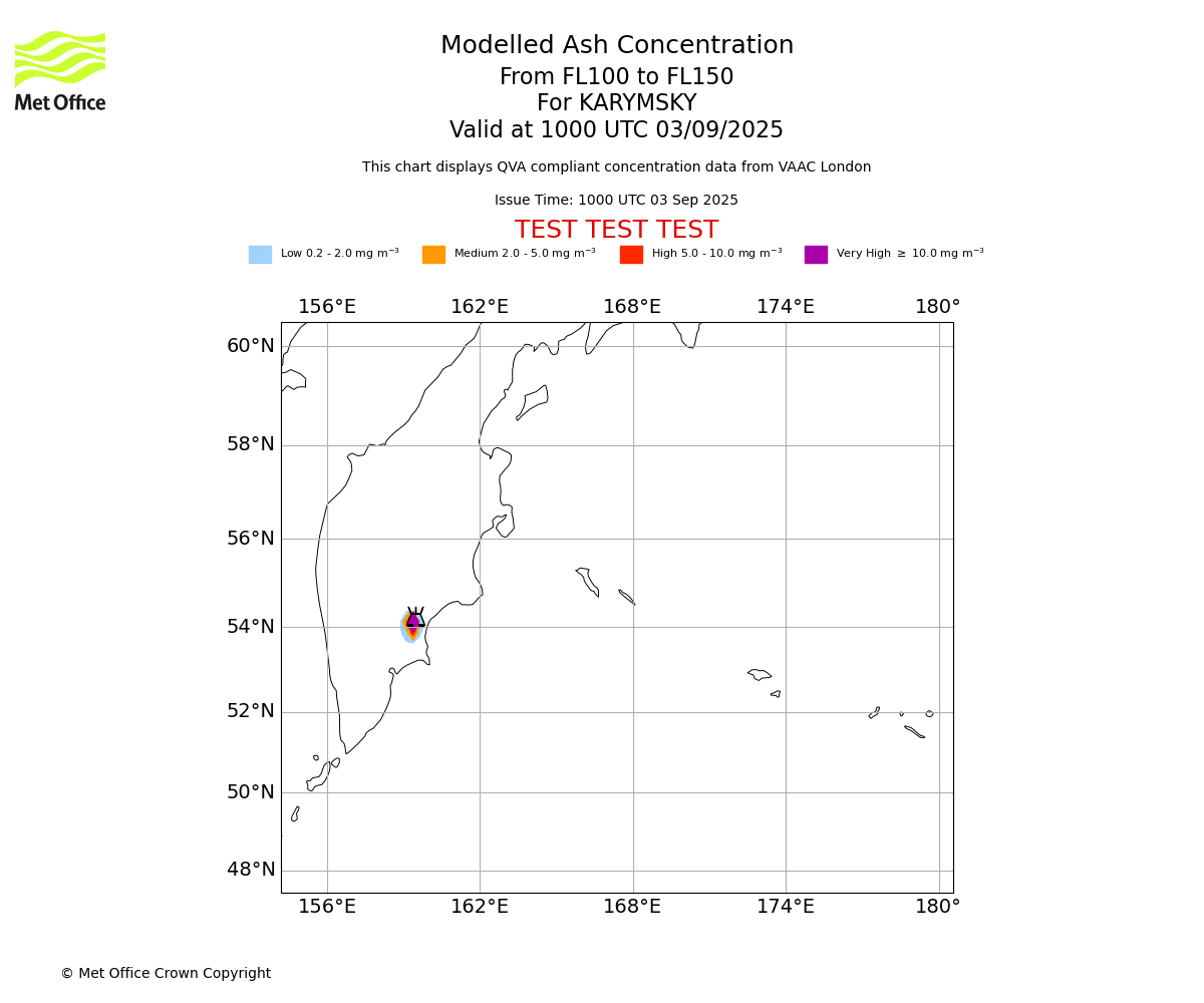 Modelled ash concentration from 100 to 150 for KARYMSKY. Valid at 1000 UTC 03/09/2025