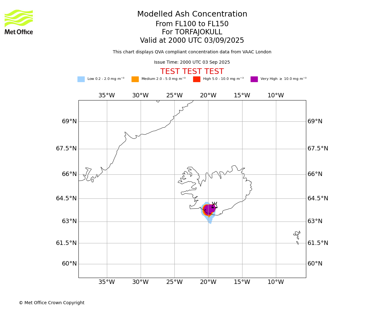 Modelled ash concentration from 100 to 150 for TORFAJOKULL. Valid at 2000 UTC 03/09/2025