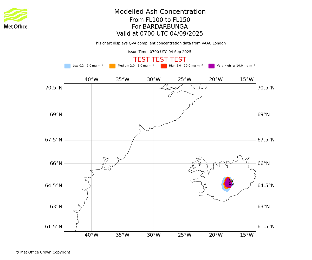 Modelled ash concentration from 100 to 150 for BARDARBUNGA. Valid at 0700 UTC 04/09/2025