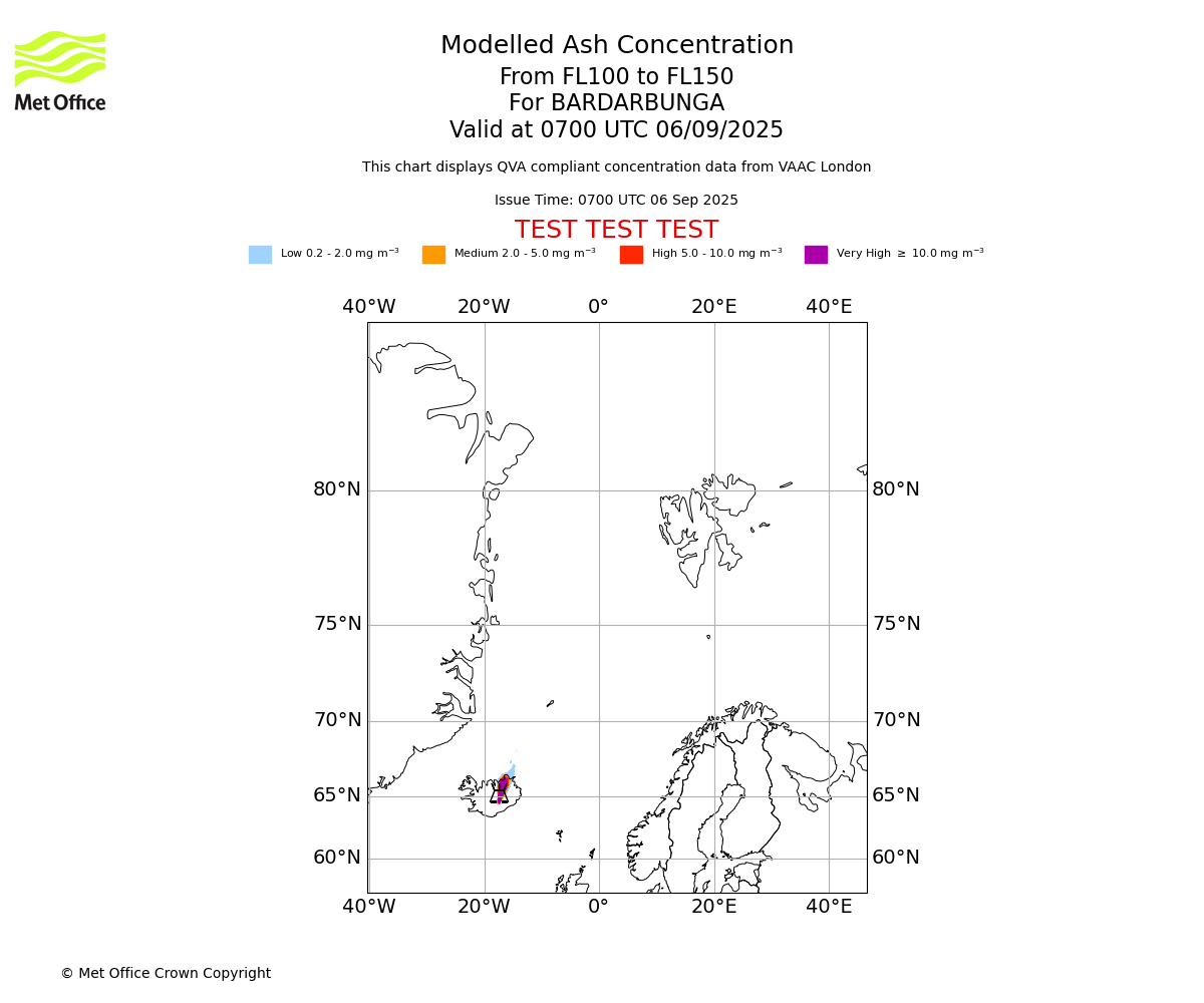 Modelled ash concentration from 100 to 150 for BARDARBUNGA. Valid at 0700 UTC 06/09/2025