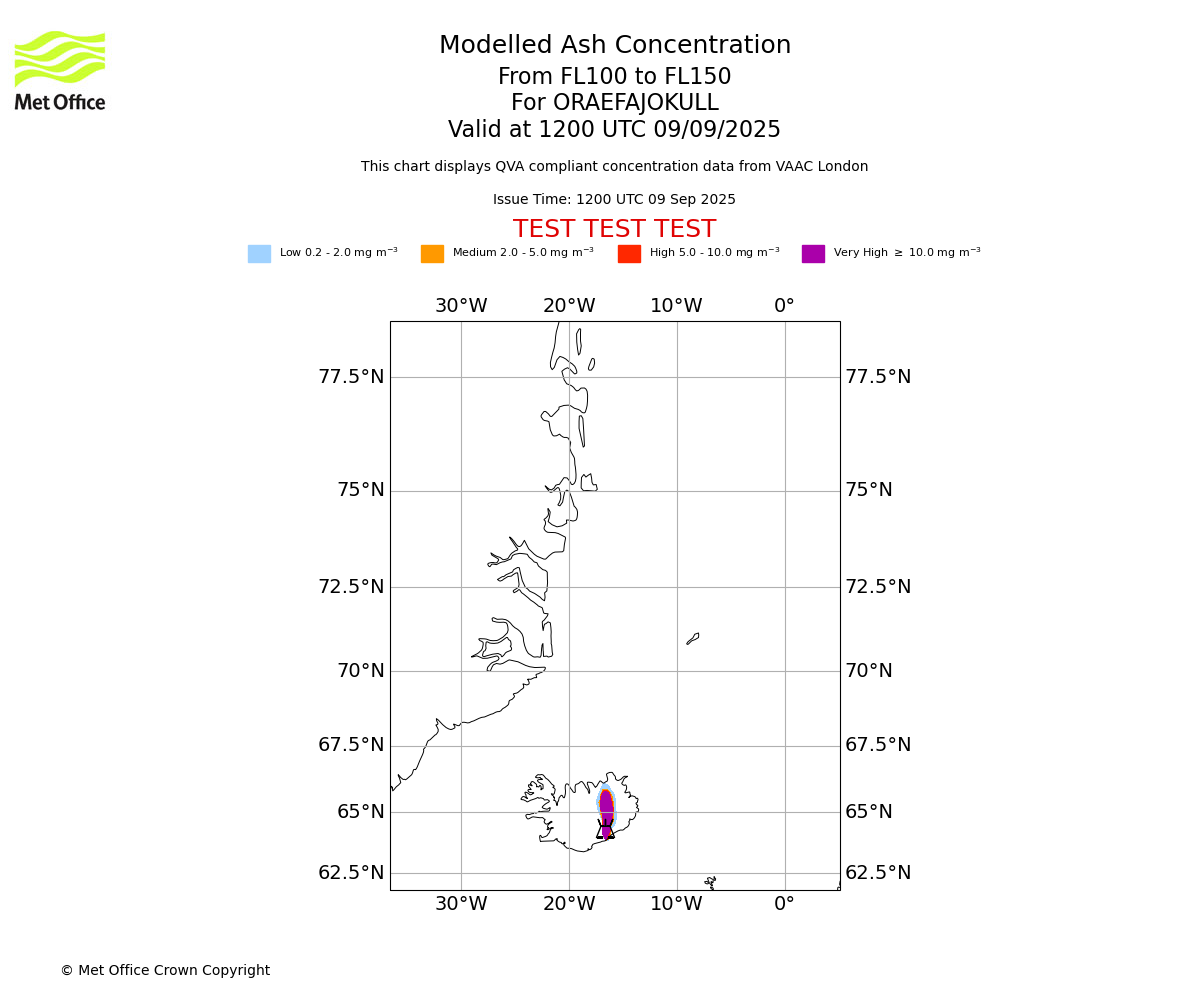 Modelled ash concentration from 100 to 150 for ORAEFAJOKULL. Valid at 1200 UTC 09/09/2025