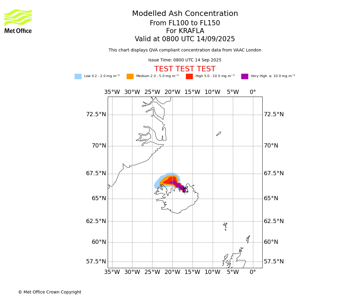 Modelled ash concentration from 100 to 150 for KRAFLA. Valid at 0800 UTC 14/09/2025