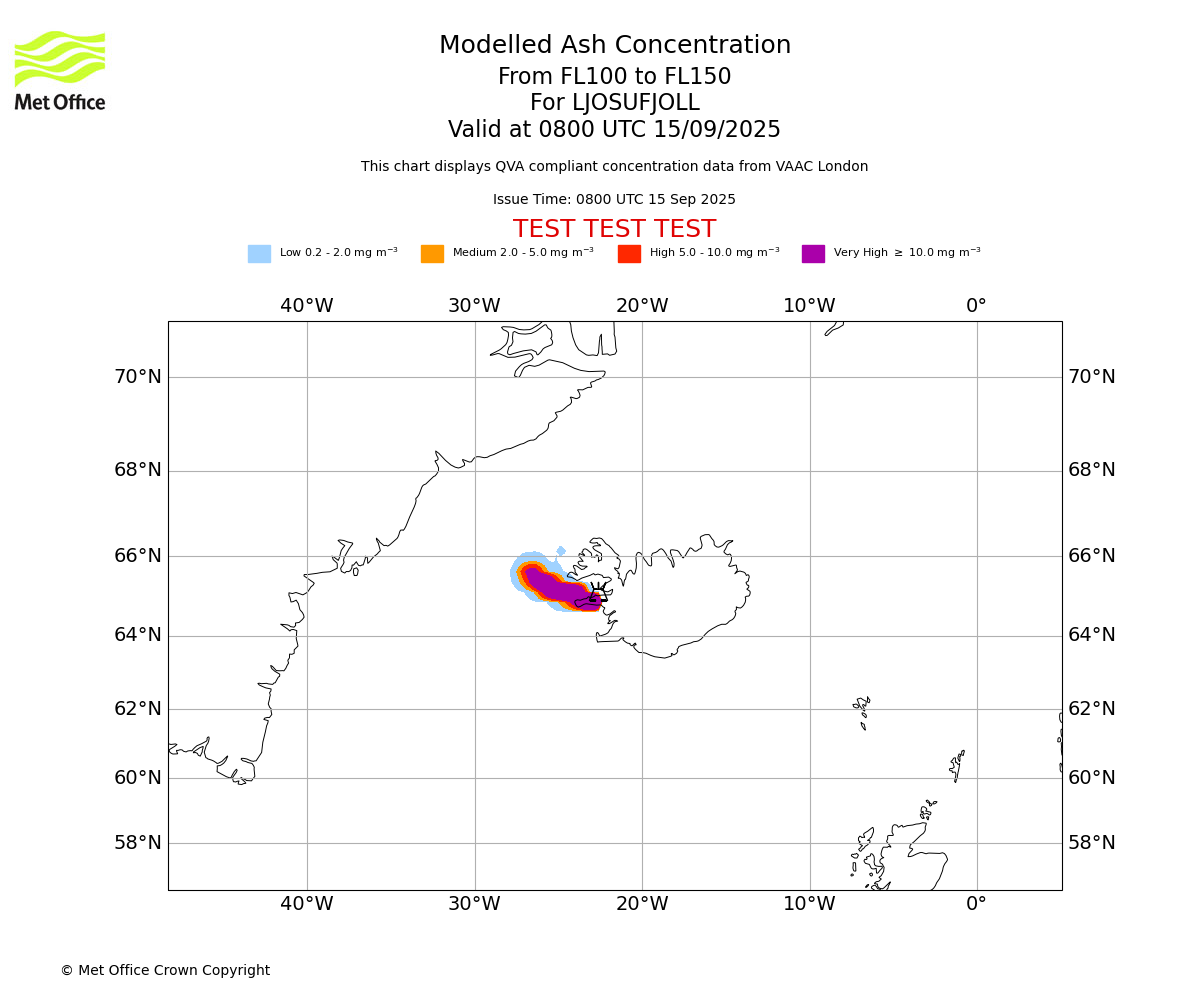 Modelled ash concentration from 100 to 150 for LJOSUFJOLL. Valid at 0800 UTC 15/09/2025