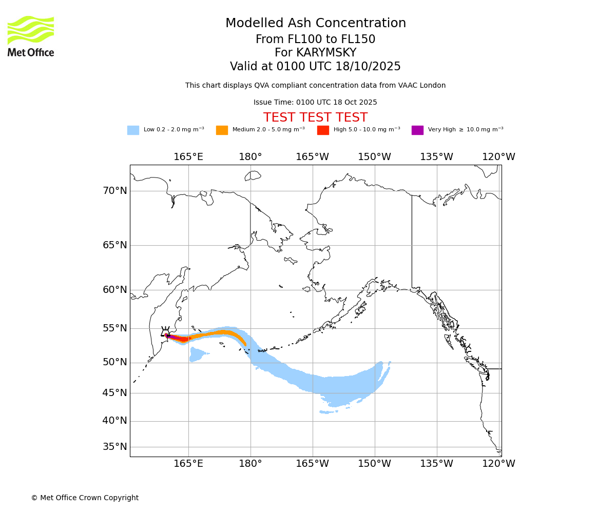 Modelled ash concentration from 100 to 150 for KARYMSKY. Valid at 0100 UTC 18/10/2025