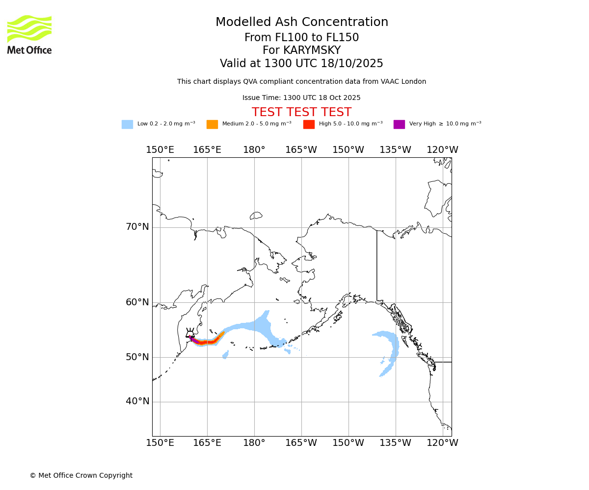 Modelled ash concentration from 100 to 150 for KARYMSKY. Valid at 1300 UTC 18/10/2025