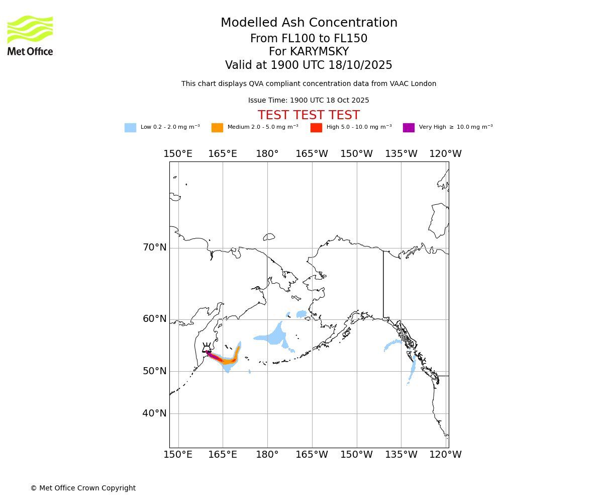 Modelled ash concentration from 100 to 150 for KARYMSKY. Valid at 1900 UTC 18/10/2025