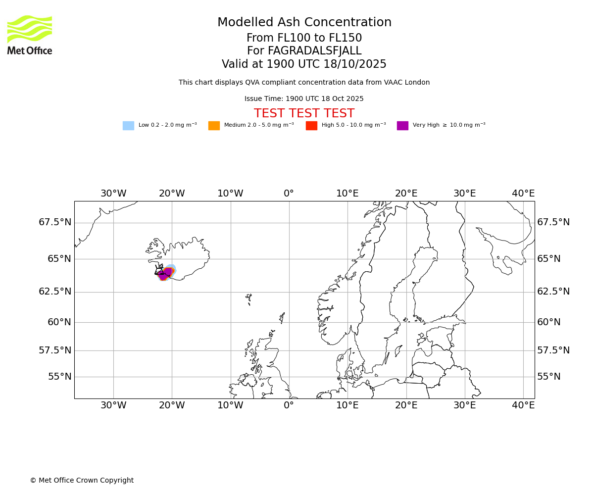 Modelled ash concentration from 100 to 150 for FAGRADALSFJALL. Valid at 1900 UTC 18/10/2025