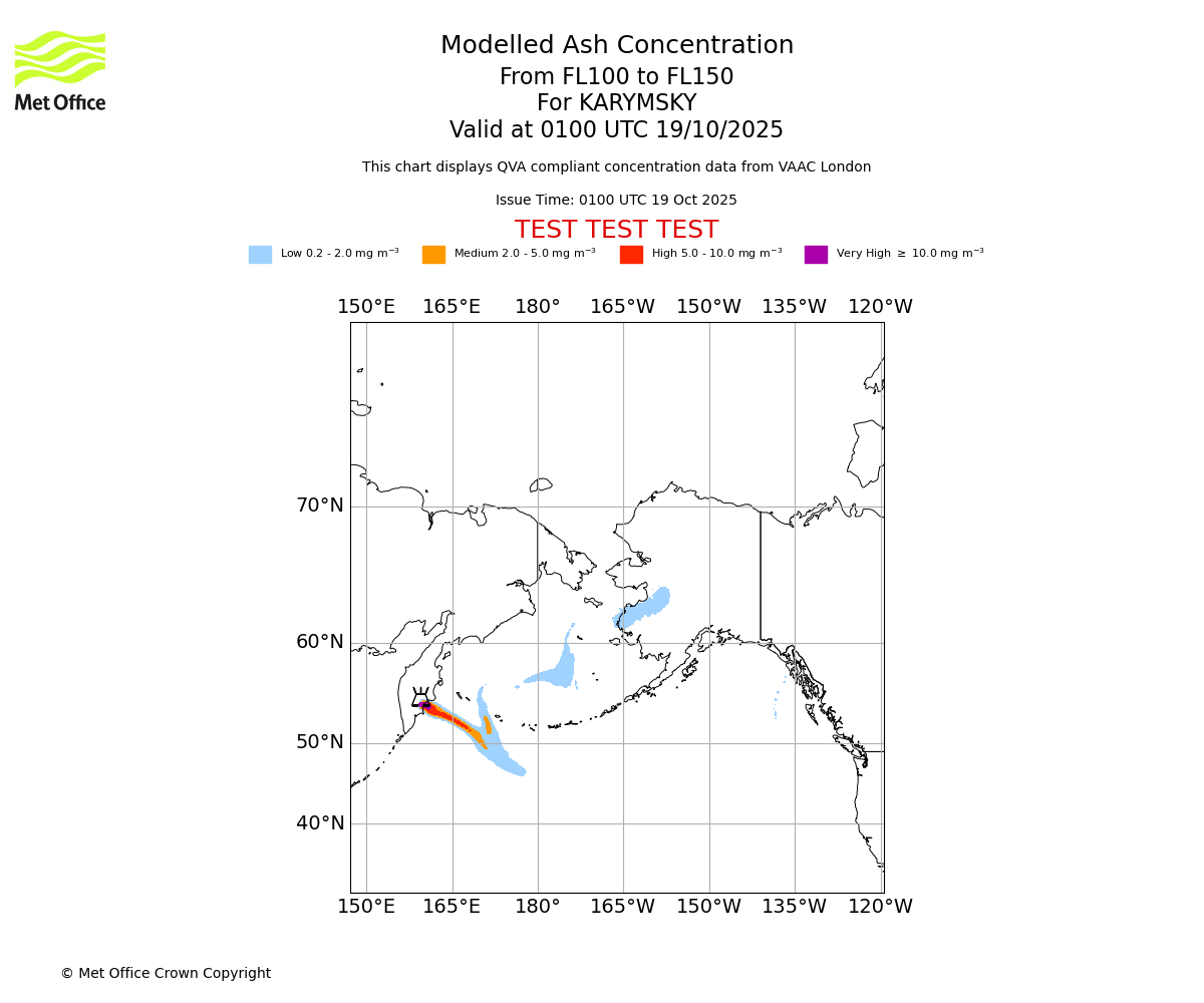 Modelled ash concentration from 100 to 150 for KARYMSKY. Valid at 0100 UTC 19/10/2025