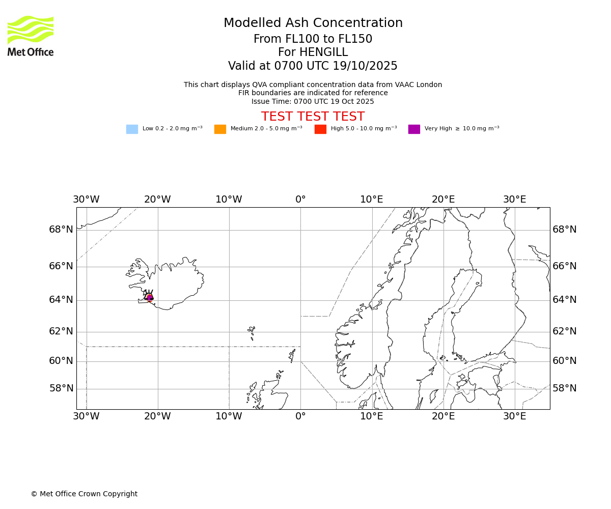 Modelled ash concentration from 100 to 150 for HENGILL. Valid at 0700 UTC 19/10/2025