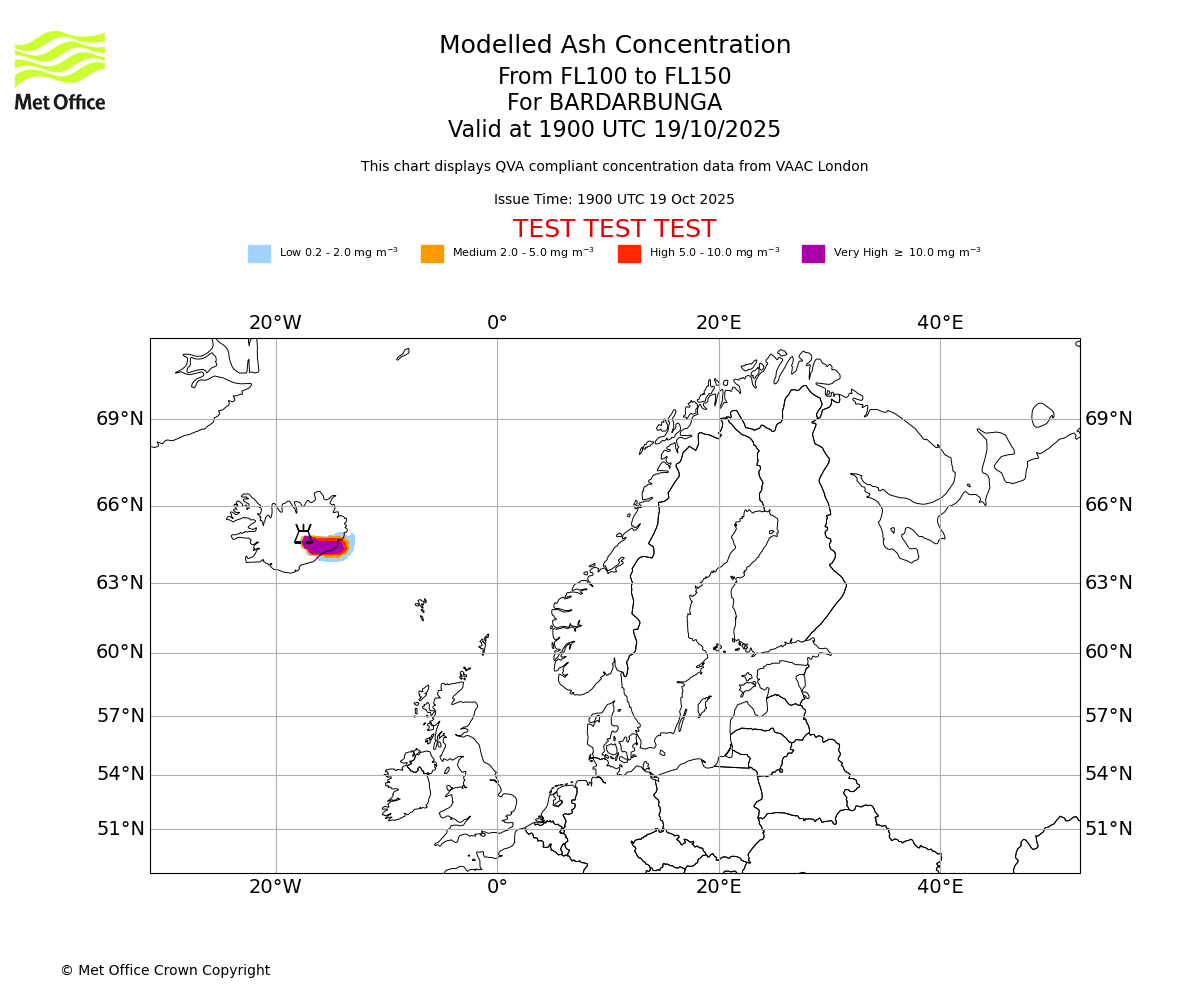 Modelled ash concentration from 100 to 150 for BARDARBUNGA. Valid at 1900 UTC 19/10/2025