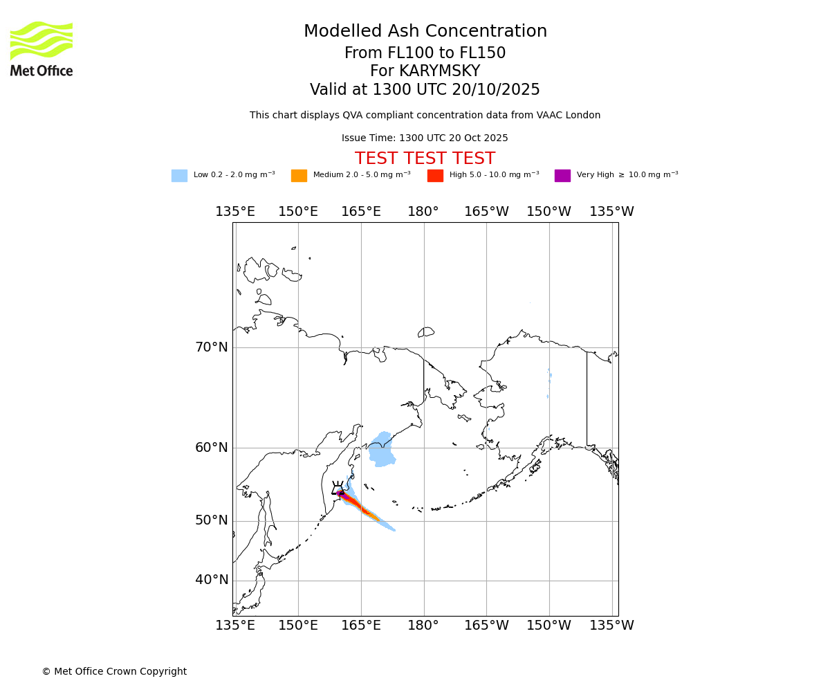 Modelled ash concentration from 100 to 150 for KARYMSKY. Valid at 1300 UTC 20/10/2025