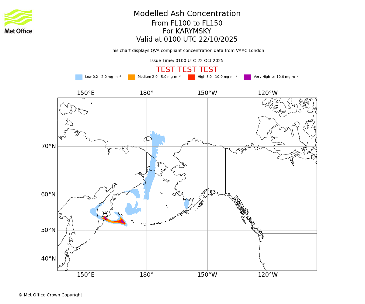 Modelled ash concentration from 100 to 150 for KARYMSKY. Valid at 0100 UTC 22/10/2025
