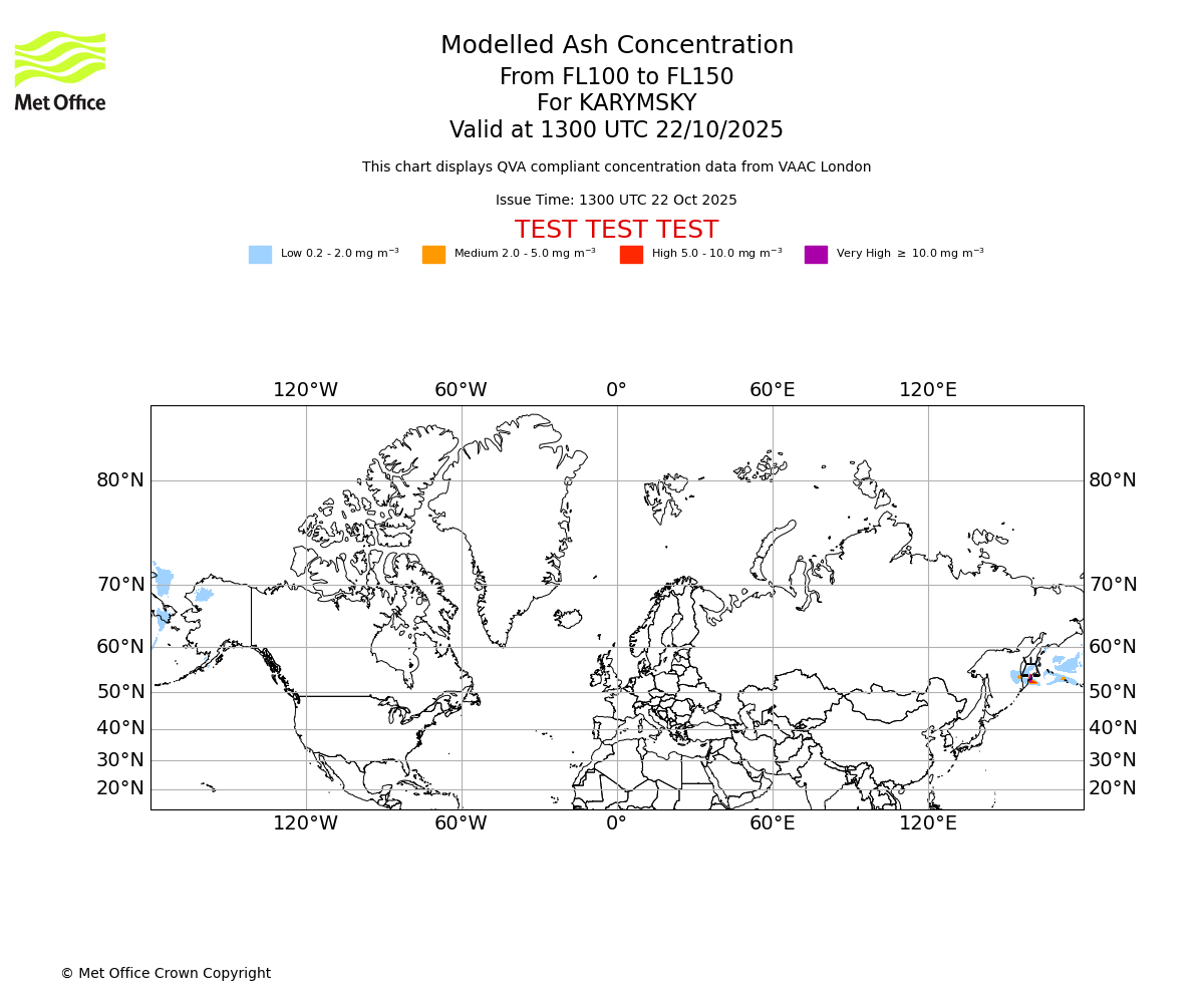 Modelled ash concentration from 100 to 150 for KARYMSKY. Valid at 1300 UTC 22/10/2025