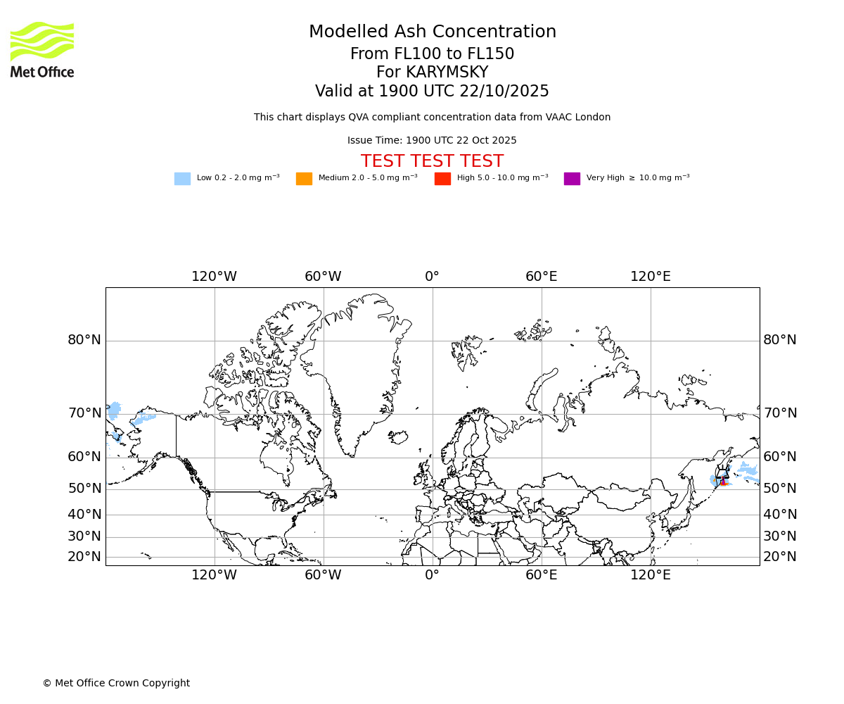 Modelled ash concentration from 100 to 150 for KARYMSKY. Valid at 1900 UTC 22/10/2025