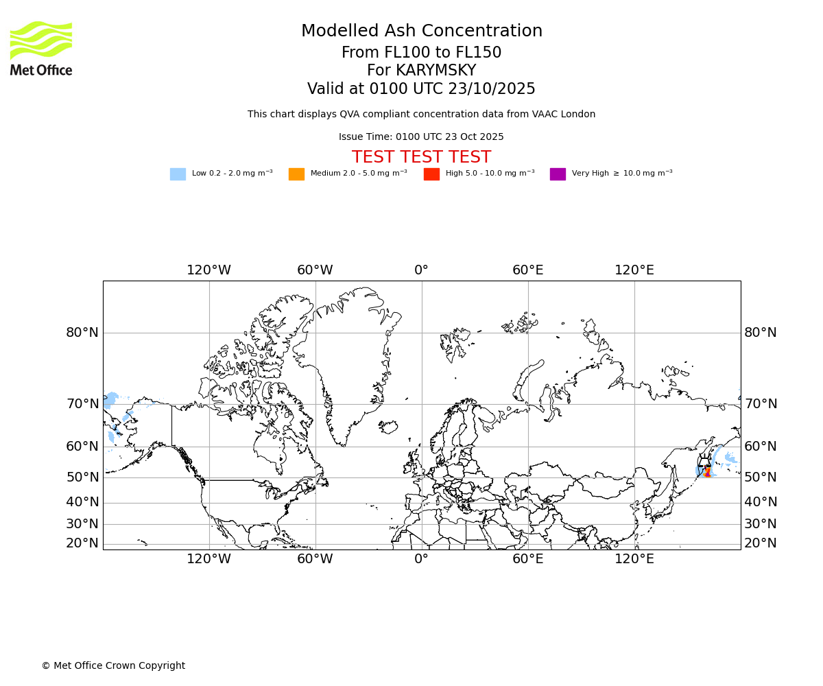 Modelled ash concentration from 100 to 150 for KARYMSKY. Valid at 0100 UTC 23/10/2025