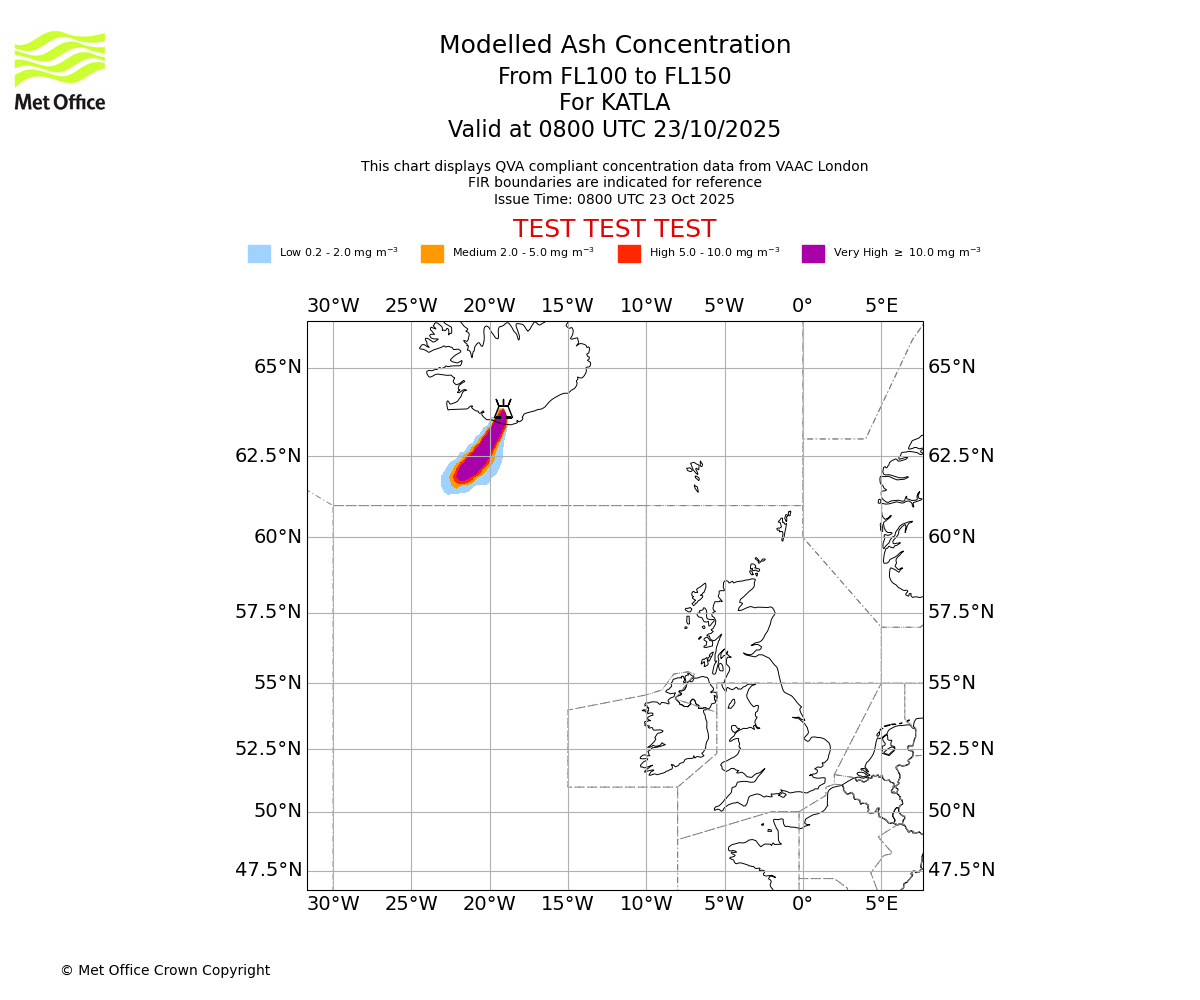 Modelled ash concentration from 100 to 150 for KATLA. Valid at 0800 UTC 23/10/2025