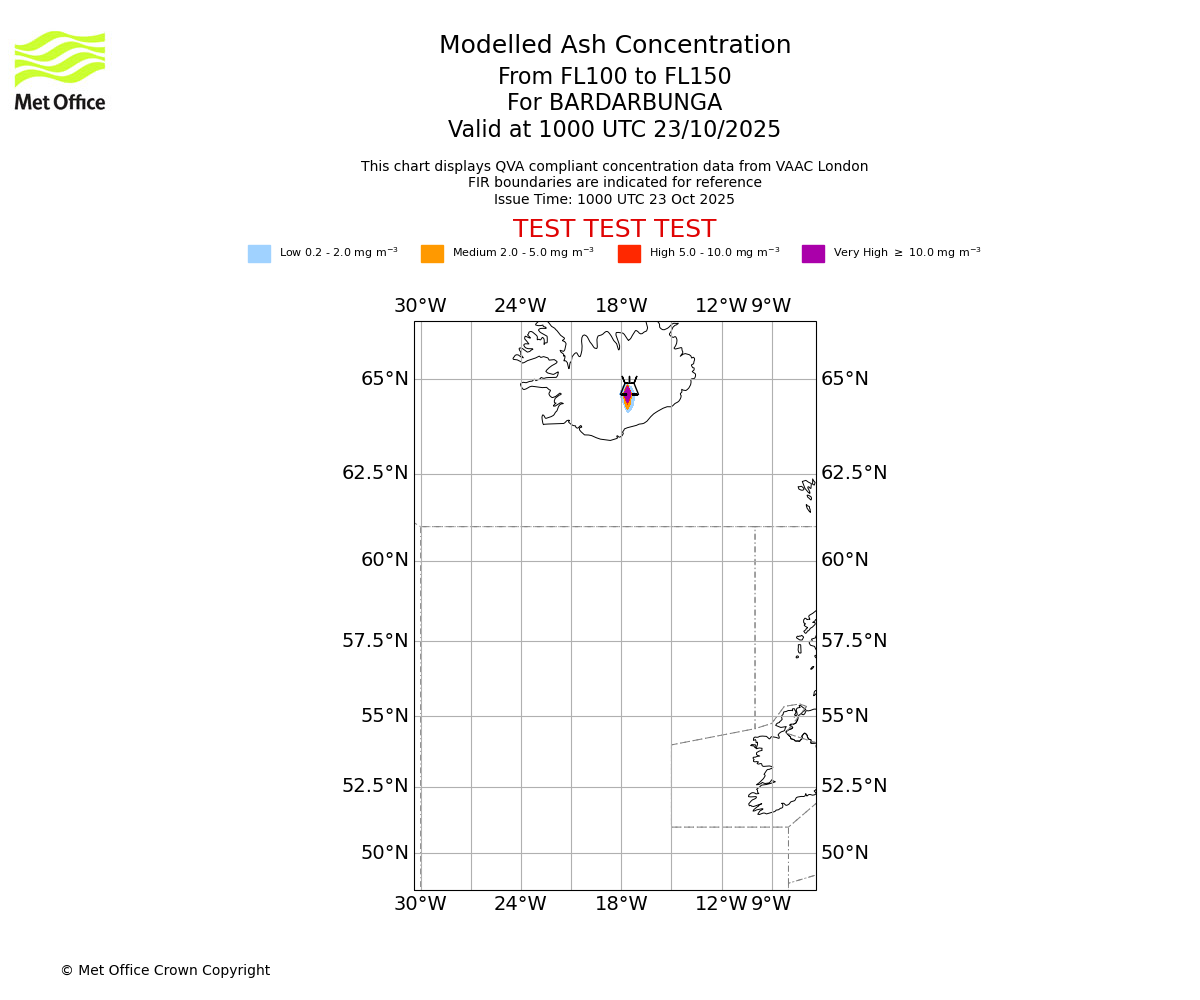 Modelled ash concentration from 100 to 150 for BARDARBUNGA. Valid at 1000 UTC 23/10/2025