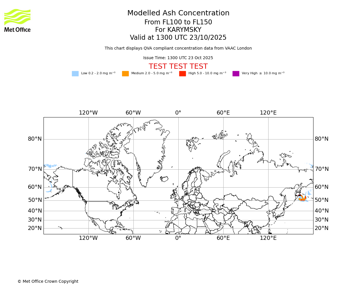 Modelled ash concentration from 100 to 150 for KARYMSKY. Valid at 1300 UTC 23/10/2025