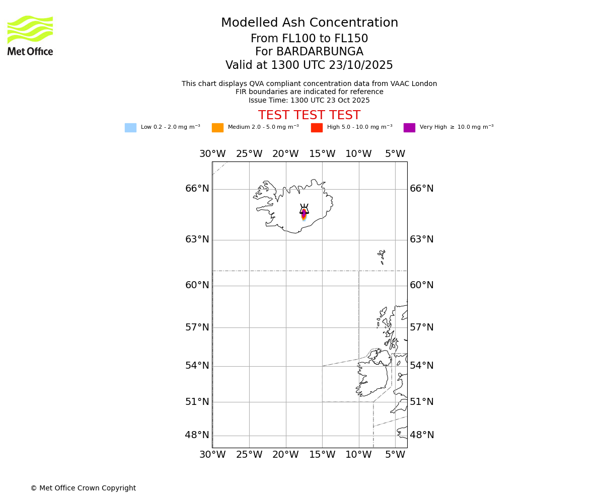 Modelled ash concentration from 100 to 150 for BARDARBUNGA. Valid at 1300 UTC 23/10/2025