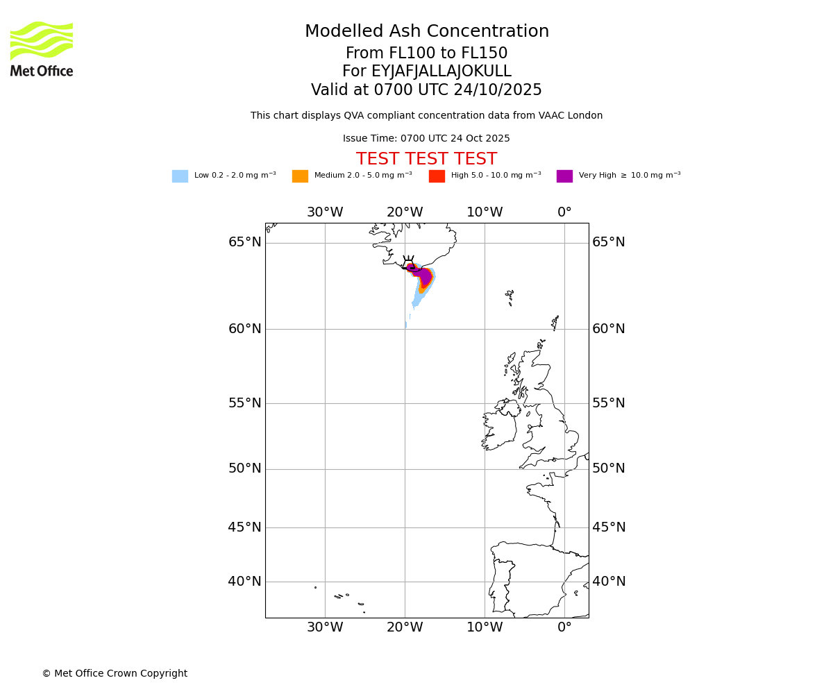 Modelled ash concentration from 100 to 150 for EYJAFJALLAJOKULL. Valid at 0700 UTC 24/10/2025