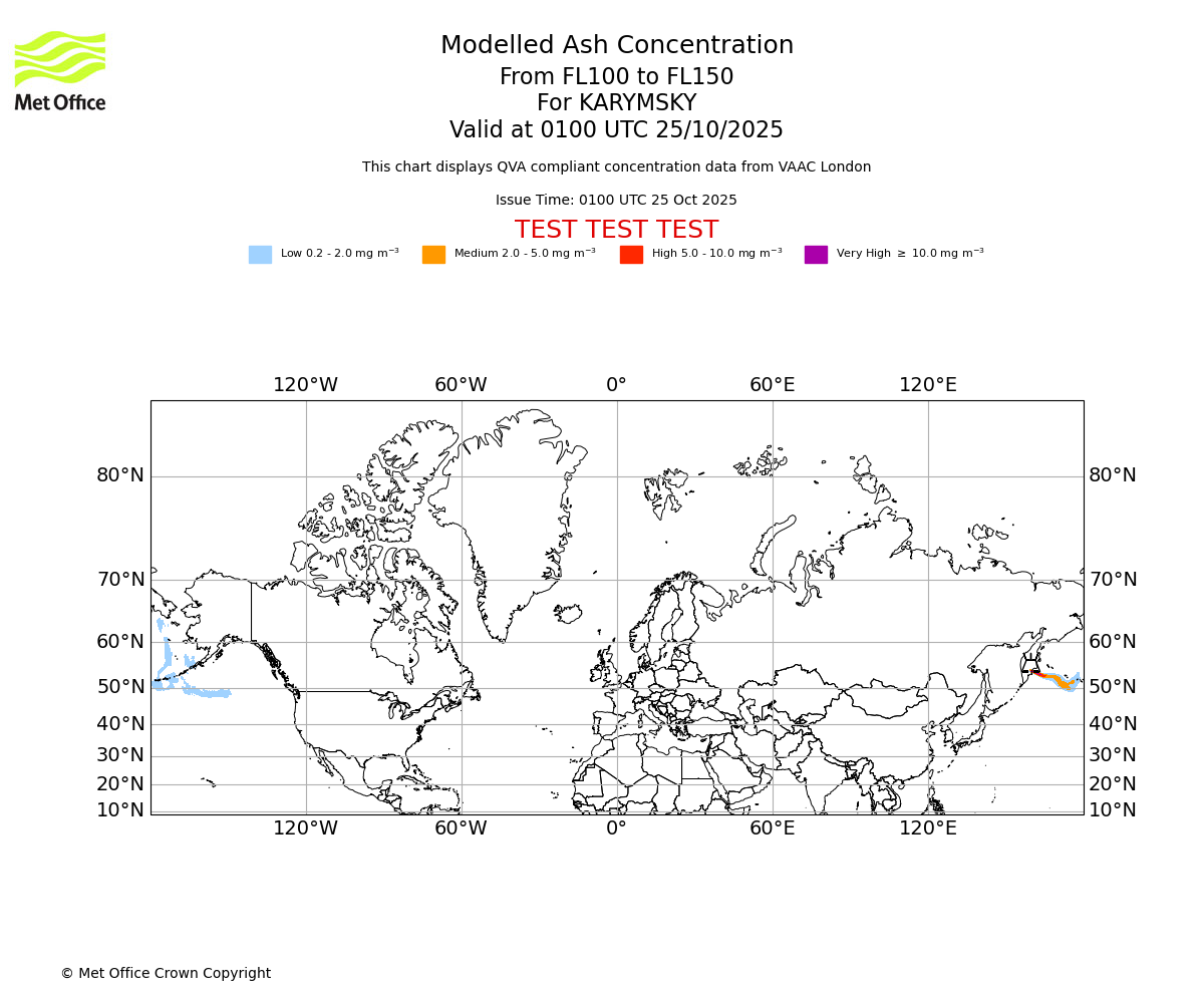 Modelled ash concentration from 100 to 150 for KARYMSKY. Valid at 0100 UTC 25/10/2025